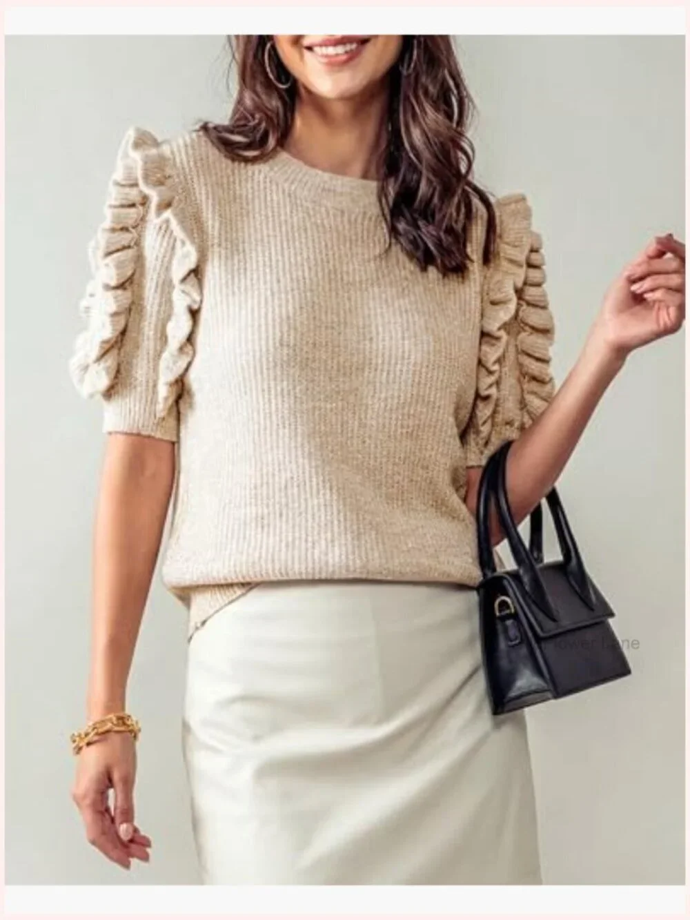Ruffle Sleeve Sweater Crew Neck Ribbed Knit Pullover Trendy Blouse